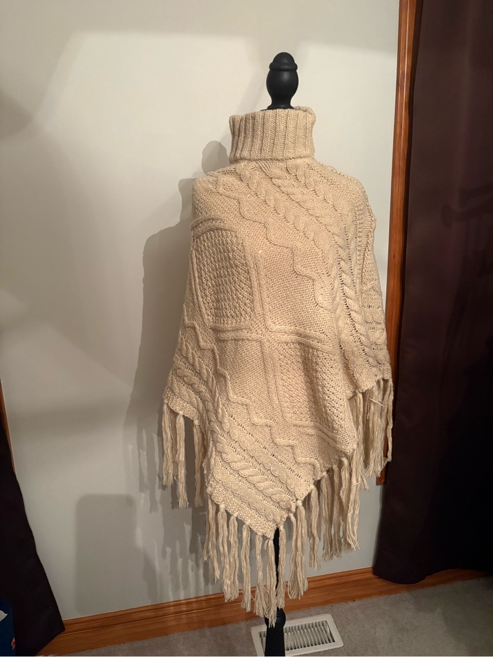 Turtleneck Cable-Knit Fringe Poncho Sweater - Cream